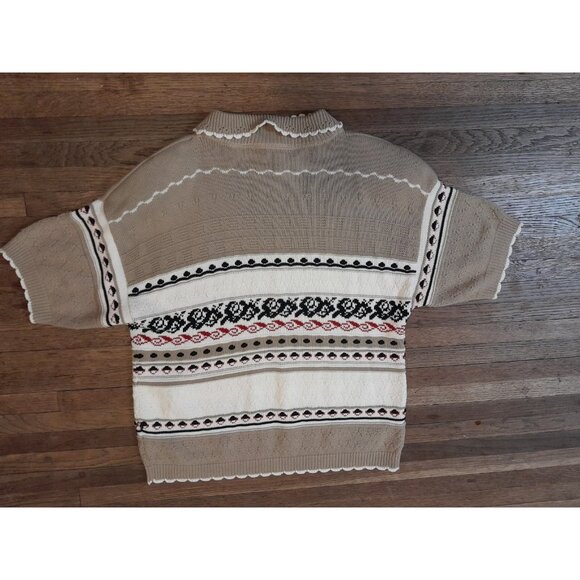 Vintage Womens Grandpa Sweater Sz Small Knit Polo 3D Beige Fair Isle Stripe - Picture 3 of 6